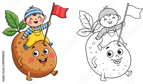 This vector image set includes a colorful version and a black and white coloring sheet outline of a cute cartoon boy riding a gigantic happy potato while holding a red flag