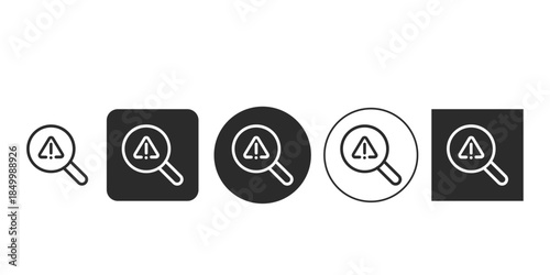 Searching for system errors and vulnerabilities icon set | Magnifying glass over alert symbol security audit vector | Troubleshooting and bug finding search vector illustration |