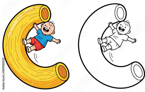 This vector illustration combination features a colored version and a black and white coloring sheet outline of a cute cartoon boy sliding down a gigantic macaroni pasta noodle