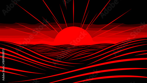 Red Sun with Radiating Lines and Waves.
