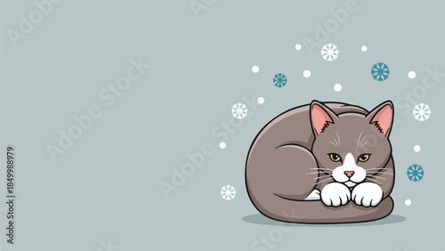 Relaxed gray cat with white paws and closed yellow-green eyes on a light gray background with scattered snowflakes