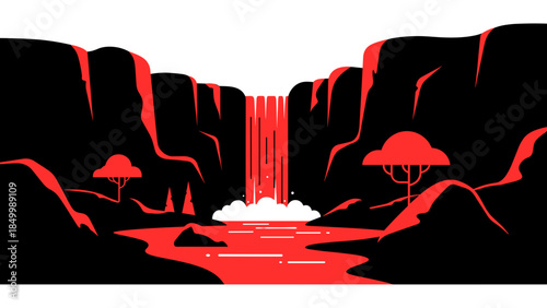 Red Waterfall Flowing Between Black Rocks.