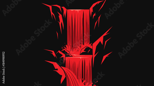 Red Waterfall Flowing Down Rocky Cliff.