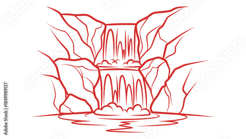 Red Waterfall Illustration with Rock Formations.