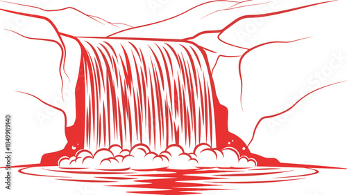 Red Waterfall Illustration with Flowing Water.