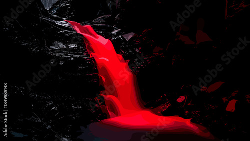 Red Waterfall Flowing Down Rocky Slope.