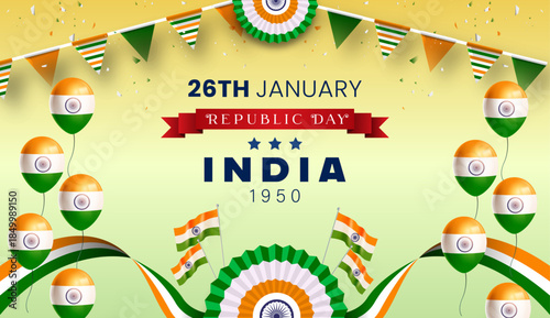 India National Day 26 January Celebration Banner with Tricolor Decorations and Patriotic Design