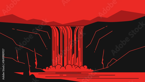 Red Waterfall Landscape Illustration Artwork.