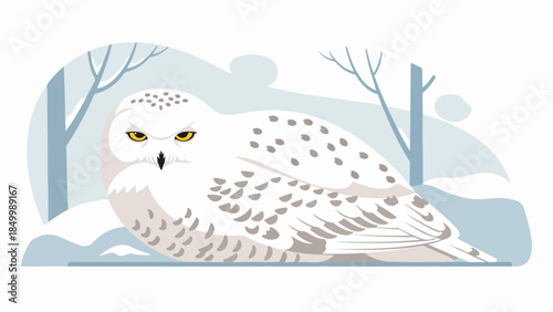 Snowy owl in a winter landscape with snow-covered hills and bare trees