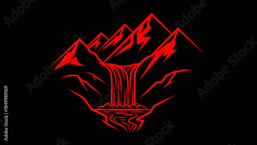 Red Waterfall Mountain Landscape Illustration.