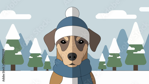 Beagle with blue beanie and scarf in snowy forest