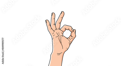 Hand-drawn illustration of a human hand making the ok gesture signifying agreement perfection or that everything is fine.