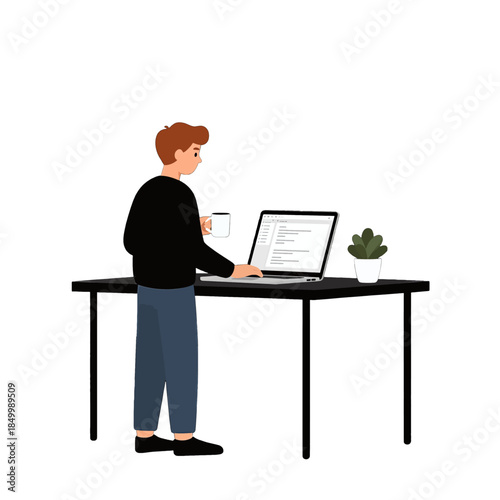 Young man with coffee working at a laptop.