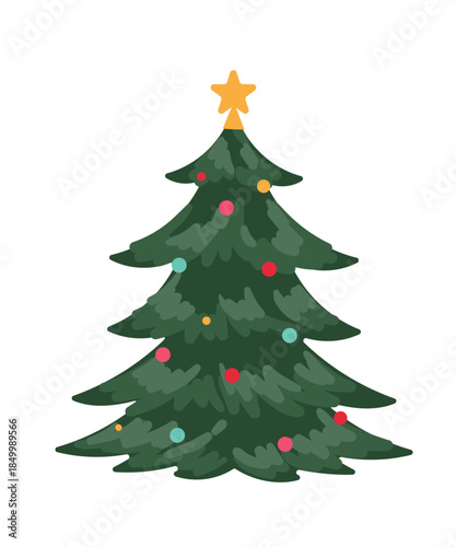 Christmas tree vector illustration with ornaments and star topper on green background. Festive holiday design for greeting card, poster, banner and decor.