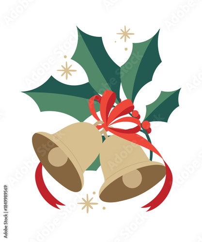 Christmas bells vector illustration with holly leaves and red ribbon. Festive holiday design for greeting card, invitation, banner and decoration.