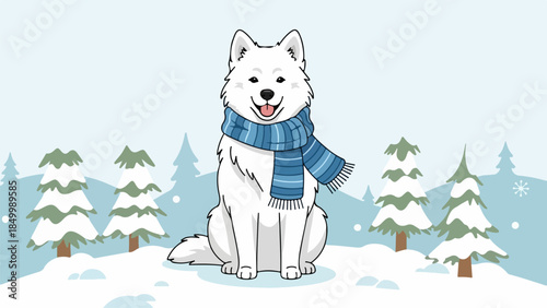Cheerful white dog with blue scarf in snowy winter landscape