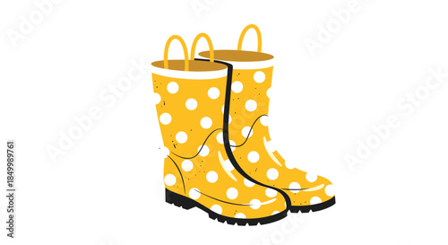 Cute and cheerful yellow rain boots with a white polka dot pattern perfect for spring or autumn rainy weather days.