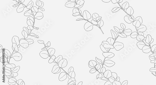 Minimalist and elegant seamless pattern of eucalyptus branches in a delicate grey line art style on a light background.