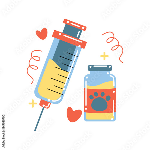 Medical syringe and medicine bottle illustration.