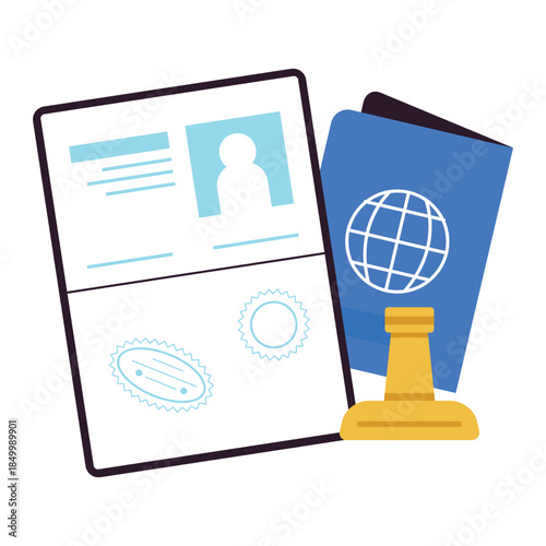 Passport and travel documents with globe and stamp.