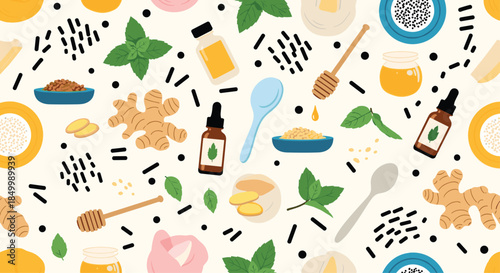 Seamless pattern with various natural home remedy ingredients like ginger honey mint and essential oils for alternative medicine.
