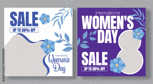 Women's Day sale promotion social media and Instagram posts ads, banner template for marketing advertising with feminine floral illustrations and 8 March square flyer poster template design