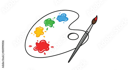 Simple cartoon illustration of an artist's paint palette with primary colors and a paintbrush isolated on a white background.