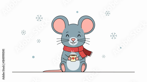 Cheerful cartoon mouse with red scarf holding a cup of coffee on a ledge with snowflakes in the background