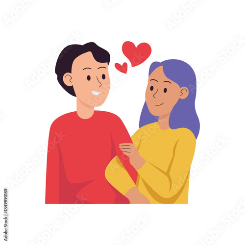 Young couple sharing an affectionate hug with hearts.