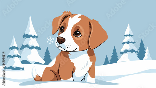 Beagle puppy with brown and white fur in a snowy winter landscape
