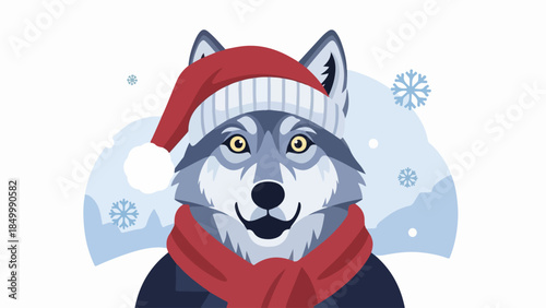 Illustration of a wolf wearing a knitted hat and scarf against a light blue winter background