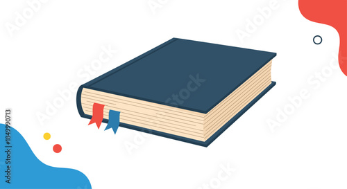 Flat vector illustration of a closed blue book with two bookmarks for educational or library-themed concepts and designs.