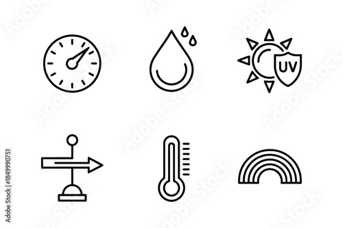 Weather icons set: barometer, rain, sun, windsock, thermometer, rainbow - clean line art