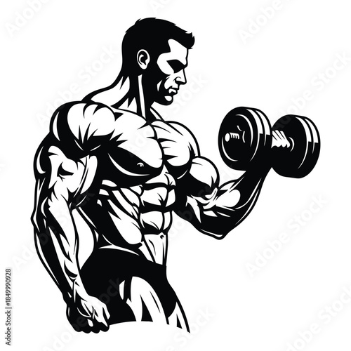 Muscular man lifting dumbbell in gym workout routine exercise