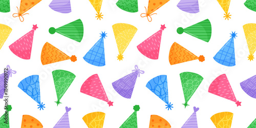 Seamless birthday pattern with colorful party hats in flat hand drawn style. Festive repeat design for kids party decor, wrapping paper, textile and print