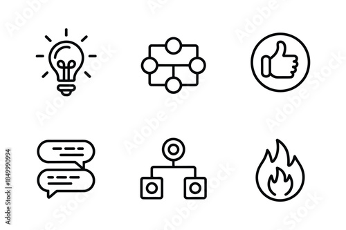 Business and communication icons set: idea, flowchart, like, chat, hierarchy, fire - line art