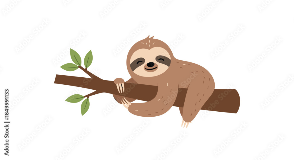 Obraz premium Cute and happy cartoon sloth hanging on a tree branch with a peaceful smile isolated on a white background.