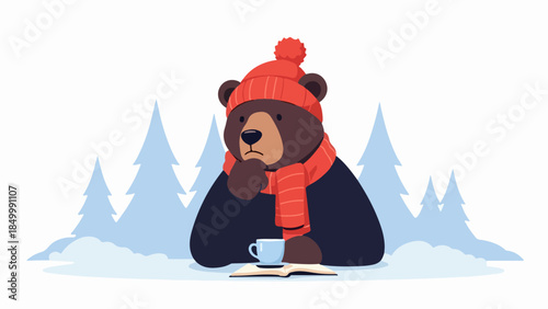 Brown bear in red knitted hat and scarf sitting in snowy forest with book and cup