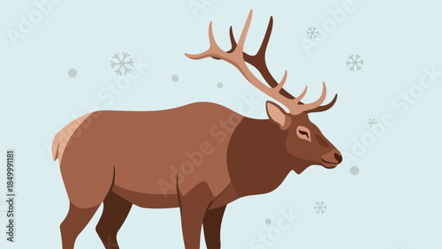 Illustration of a deer with brown coat and antlers standing in a winter landscape with snowflakes