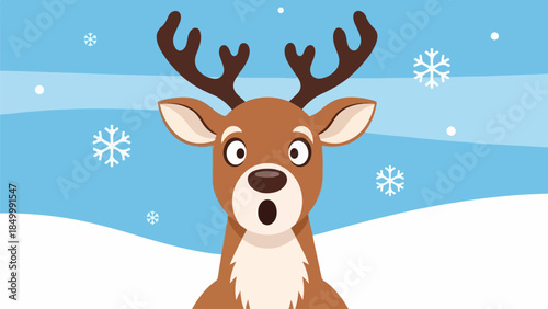 Cheerful cartoon reindeer with brown fur and antlers in a winter landscape with snow and blue sky