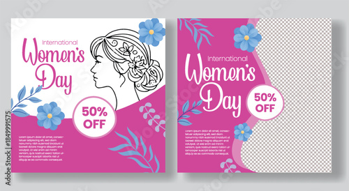 Women’s Day sale and Celebration Graphics with Square Flyer Template, Instagram Post, and Web Banners featuring Soft Floral Elements and Minimalist Female Silhouette Line Art