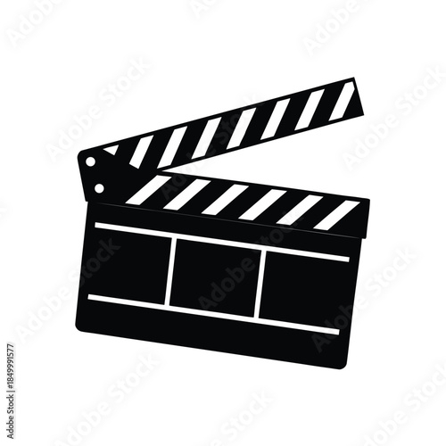 Simple black silhouette of open director clapboard isolated on white for video production