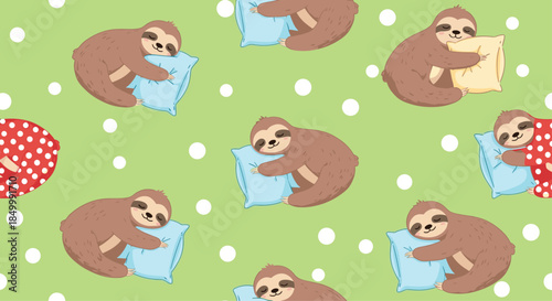 Seamless pattern with cute cartoon sloths sleeping peacefully and hugging soft pillows on a green polka dot background.