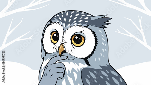 Illustration of an owl with yellow eyes and gray and white feathers on a bare tree branch background