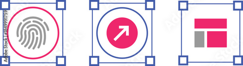 Modern tech icon trio showing biometric fingerprint security, upward arrow growth and dashboard layout blocks. UX presentations, fintech apps, SaaS dashboards, startup pitch decks. Abstract symbol