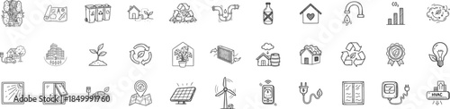 Green building doodle icon set. Sustainable architecture, eco house, renewable energy, recycling and environmental design concepts.