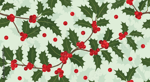 Festive seamless Christmas pattern with holly branches featuring sharp green leaves and bright red berries on a light background.