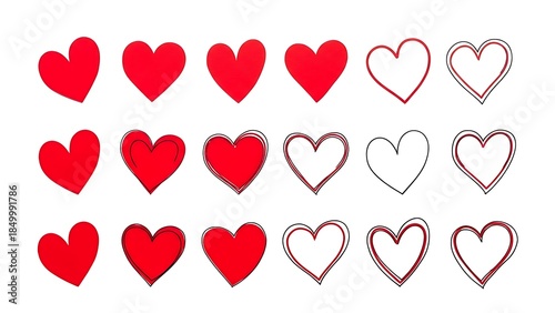 Collection of Red and Outline Hearts on White Background drawing