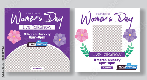 Minimalist 8 March Women's Day live talk show, conference square poster and flyer design for social media and Instagram posts ads, banner template for marketing advertising with floral illustration