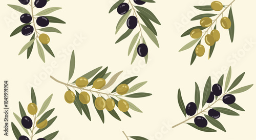 Elegant seamless pattern of hand-drawn olive branches with green and black olives on a simple light background design.